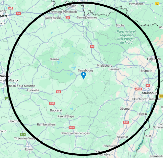 Carte du rayon d'action - 50km autour de Nitting